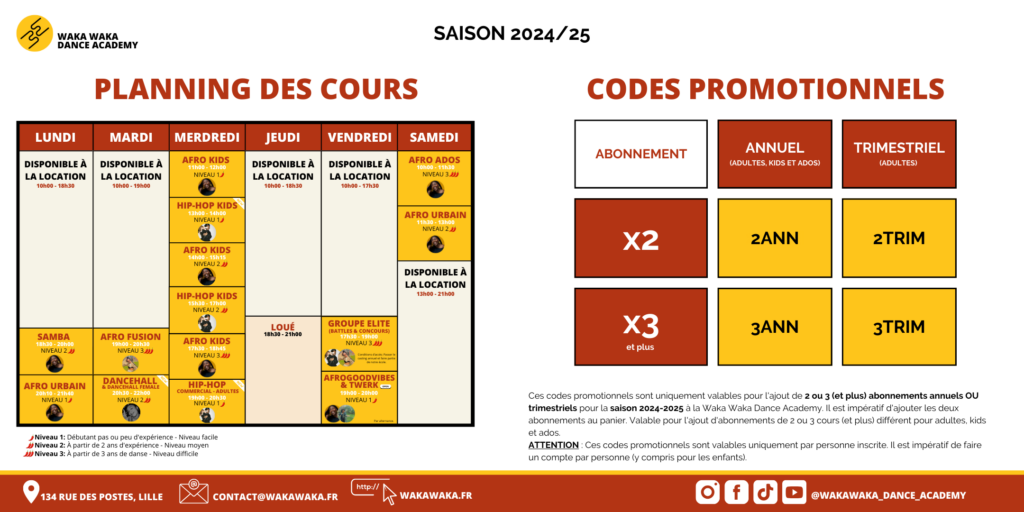 Planning saison 2024 2025 Waka Waka Dance Academy Lille